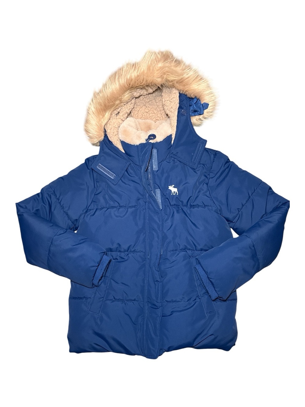 ABERCROMBIE & FITCH Kids Puffer Jacket Moose Logo Size 11/12 Blue Faux Fur Hood